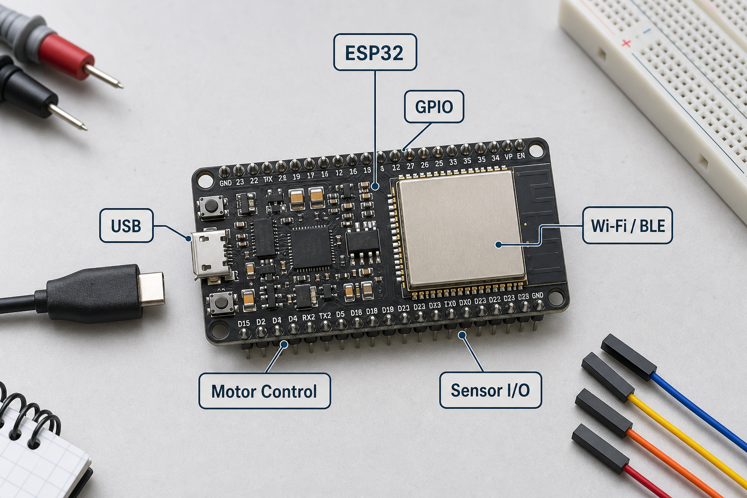 ESP32 development board with motor-control and sensor interfaces