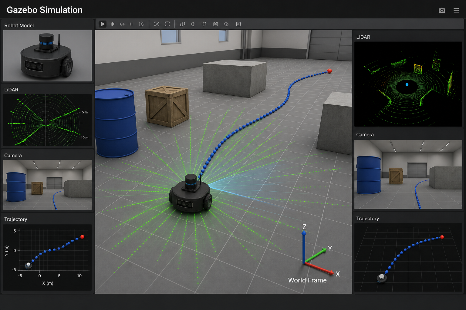 Gazebo simulation environment for testing a mobile robot, sensors, trajectory, and world frame