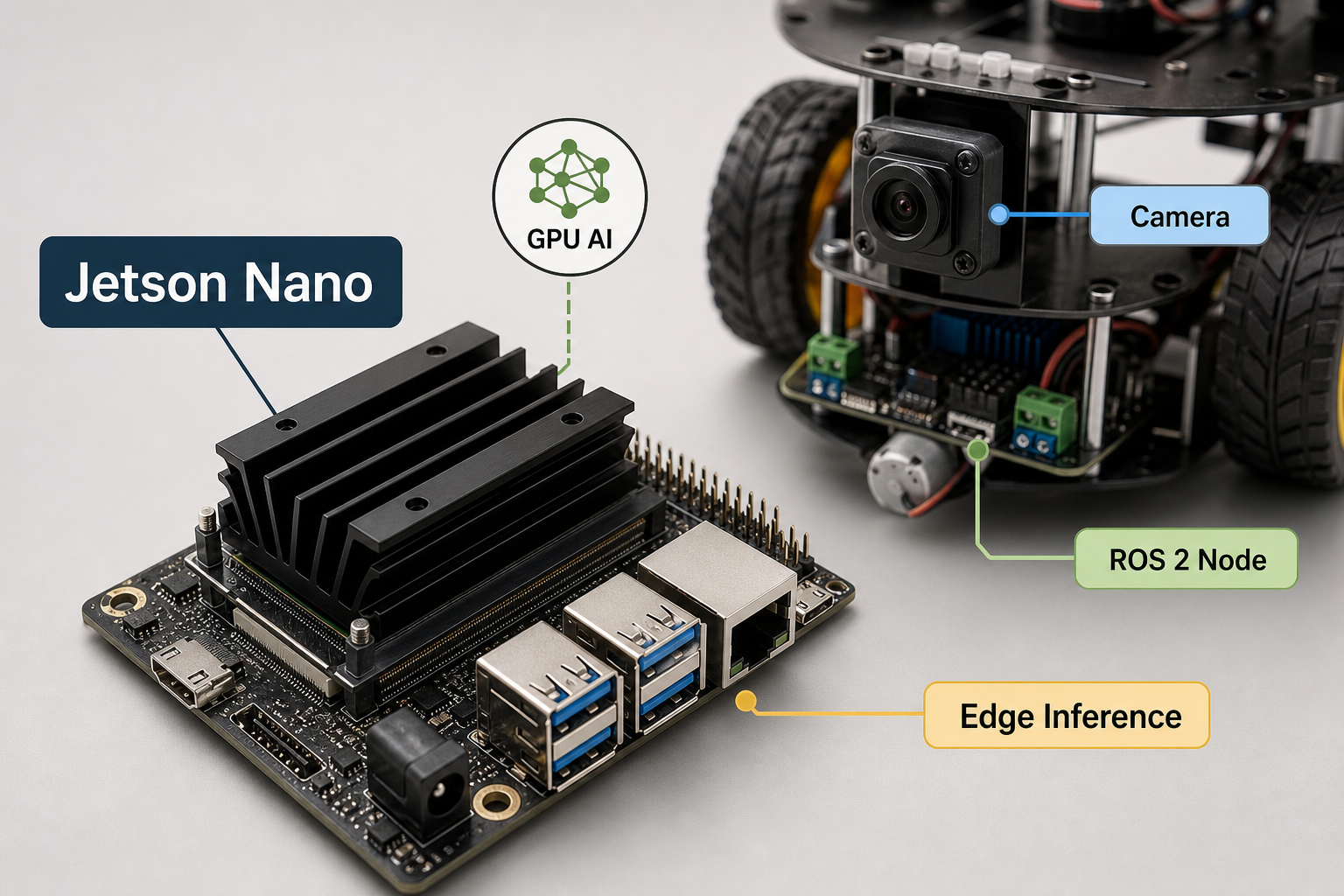 Jetson Nano class edge-AI computer connected to a mobile robot vision pipeline
