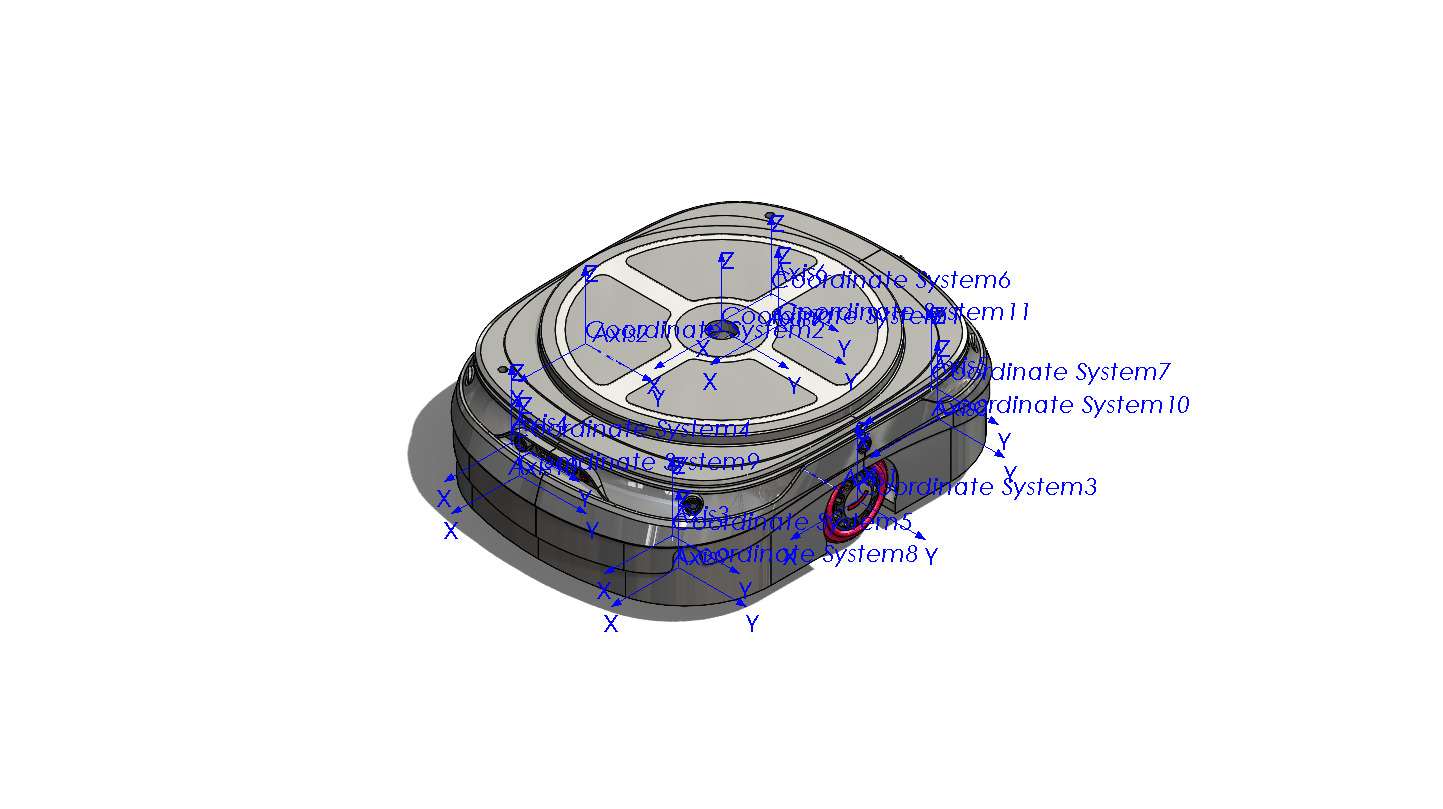A real SolidWorks assembly with several Coordinate Systems defined on the wheels and casters