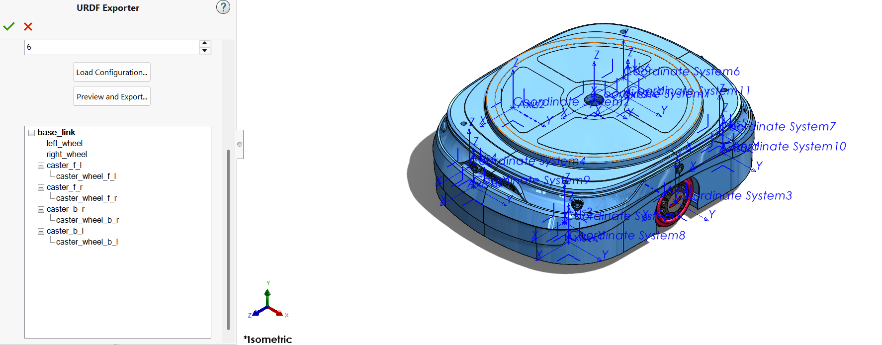 The SolidWorks URDF Exporter window with a complete Link tree including base_link, wheels, and four Casters