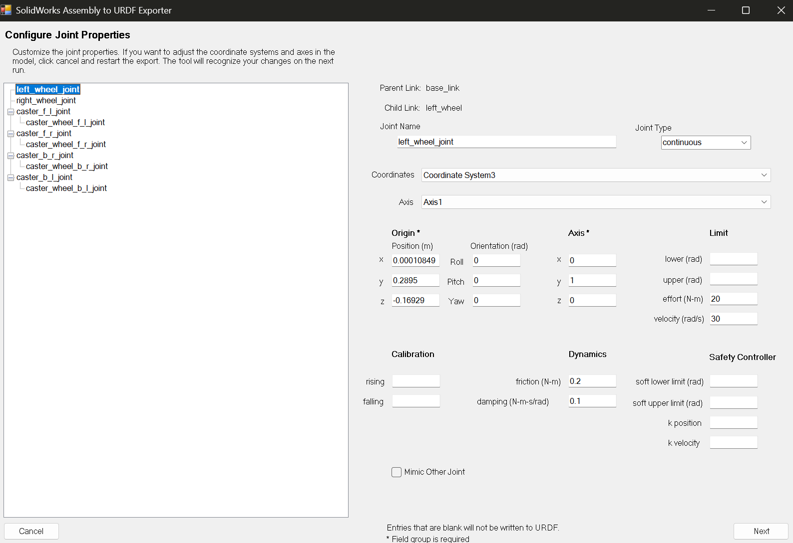 The Configure Joint Properties page in the SolidWorks URDF Exporter with fields for Parent Link, Child Link, Joint Type, Origin, Axis, Limit, Dynamics, and Safety Controller