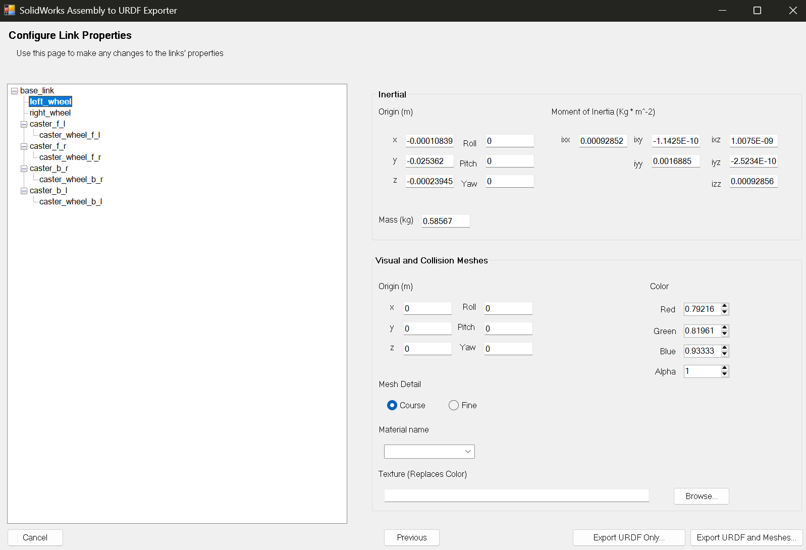 The Configure Link Properties page in the SolidWorks URDF Exporter with fields for Mass, Moment of Inertia, Visual/Collision Origin, Mesh Detail, and Color
